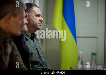 Mykolaiv, Ukraine. 30th Jan, 2023. Ukrainian chief of presidential staff Andrii Yermak listens during a briefing on the situation in the Black Sea city of Mykolaiv near the frontlines 30kms from Russian troops, January 30, 2023 in Mykolaiv, Ukraine. Credit: Ukraine Presidency/Ukrainian Presidential Press Office/Alamy Live News Stock Photo