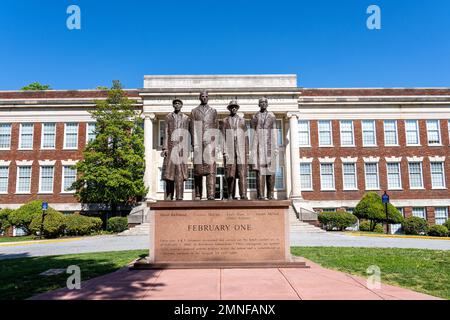 Greensboro, NC - April 24, 2022: 'February One' sculpture, by James Barnhill, is a monument dedicated to the Greensboro Four who held a sit in protest Stock Photo