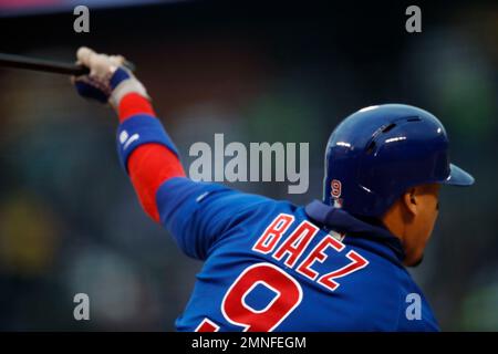 Chicago Cubs second baseman Javier Baez tags out Cleveland Indians  shortstop Francisco Lindor attempting to steal second base during the third  inning of game 1 of the World Series at Progressive Field