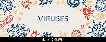 Virus horizontal banner. Scientific vector illustration in sketch style Stock Vector