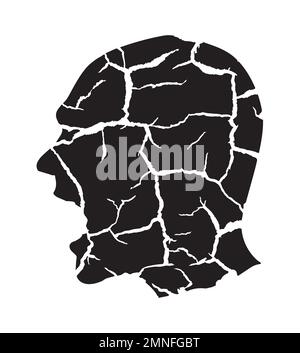 Black silhouette of screaming desperate man, cracked earth texture. Expressive Stylized Illustration of an angry man.Vector available. Stock Vector