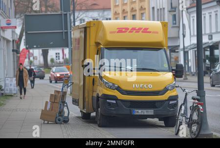 DHL Transporter Parcel Delivery, Oranienburg, Oberhavel County, Brandenburg, Germany Stock Photo