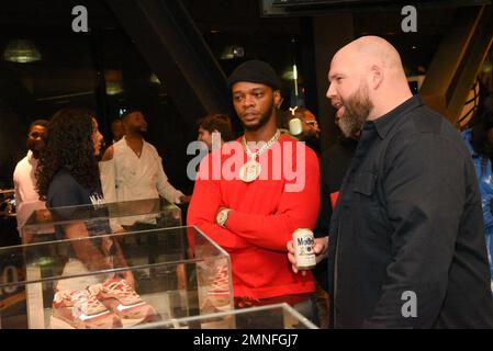 New York, USA. 30th Jan, 2023. Rapper Papoose (left) attends the Modelo and Brooklyn Nets Hall of Fame pop up gallery and sneaker event at Barclay's Center in New York, NY, on January 30, 2023. (Photo by Efren Landaos/Sipa USA) Credit: Sipa USA/Alamy Live News Stock Photo