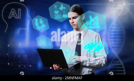 Young male using laptop ai for learning getting online education Stock Photo