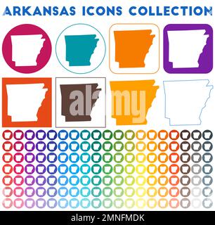 Arkansas icons collection. Bright colorful trendy map icons. Modern Arkansas badge with US state map. Vector illustration. Stock Vector