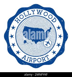 Hollywood Airport stamp. Airport of Fort Lauderdale round logo with location on United States map marked by airplane. Vector illustration. Stock Vector