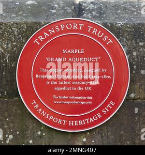 Transport Trust plaque at Marple aquaduct which  is the tallest in Britain and carries the Peak Forest canal across the River Goyt.  Build in 1995-99 Stock Photo