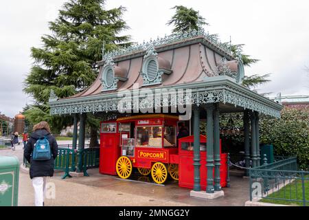 Disneyland Paris Popcorn red car or mobile classic popcorn seller. Disneyland food and snacks. Odors and smells of popcorns. Stock Photo