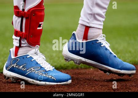 Washington Nationals right fielder Bryce Harper wears shoes with Jackie  Robinson's jersey number for Jackie Robinson Day during a game against  Colorado Rockies at Nationals Park Sunday, April 15, 2018, in Washington. (