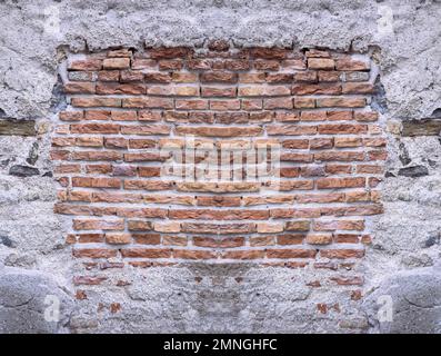 grey stucco wall with exposed stone, architectural textures Stock Photo
