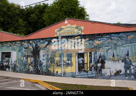 Retail shop building covered in graffiti in the Bahama Village district of Key West, Florida, United States Stock Photo