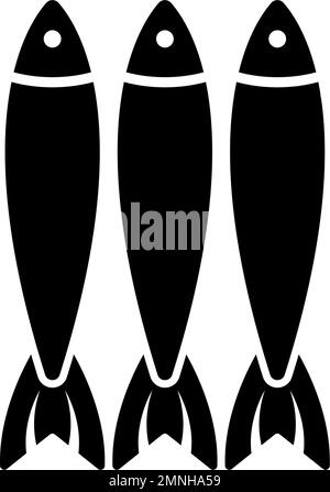Sprats, Canned Fish, Sardines or Herring. Flat Vector Icon illustration. Simple black symbol on white background. Sprat Fish in Row, Sardines Tin Can Stock Vector