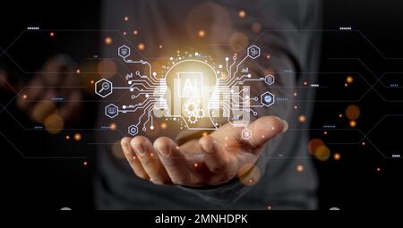 Businessman touching digital chatbot for provide access to information and data in online network, application and global connection, AI, Artificial i Stock Photo