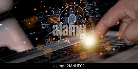 Businessman touching digital chatbot for provide access to information and data in online network, application and global connection, AI, Artificial i Stock Photo