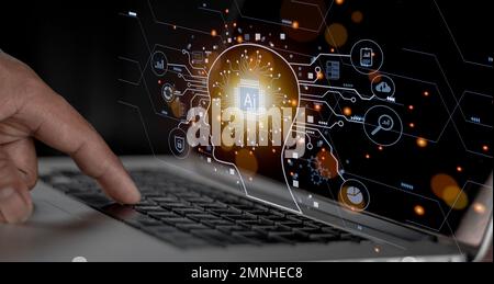 Businessman touching digital chatbot for provide access to information and data in online network, application and global connection, AI, Artificial i Stock Photo