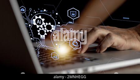 Businessman touching digital chatbot for provide access to information and data in online network, application and global connection, AI, Artificial i Stock Photo