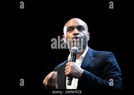 Paris, France. 30th Jan, 2023. Dominique Sopo, 'SOS Racisme' president during a presentation of the national plan to combat racism, anti-semitism and discrimination at the Arab World Institute in Paris, France on January 30, 2023. Credit: Victor Joly/Alamy Live News Stock Photo