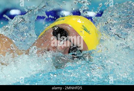 Australian Jack McLoughlin swims his way to winning gold in men's 1500m freestyle final at the Aquatic Centre during the 2018 Commonwealth Games on the Gold Coast, Australia, Tuesday, April 10, 2018. (AP Photo/Rick Rycroft)