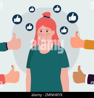 Happy Girl Surrounded By Thumbs Up Mental Health Applause Concept Vector Illustration In Flat Style Stock Vector