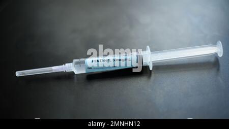 Fentanyl and Propofol Narcotic pandemic drug abuse with needles Stock Photo