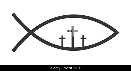 Jesus fish Bible symbol with three crucifixions isolated on white background. Ichthys icon. Secret shibboleth in Christian religion. Vector graphic illustration Stock Vector