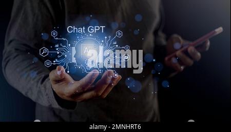 ChatGPT, using and chatting artificial intelligence chatbot. Digital chatbot, chatGPT, robot application, conversation assistant concept. Optimizing.l Stock Photo