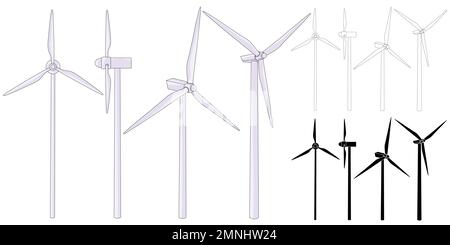Wind farm. Illustration of a clean wind power plant generator tower. Wind power generation. Outline illustration. Wind turbine icon design collection. Stock Vector