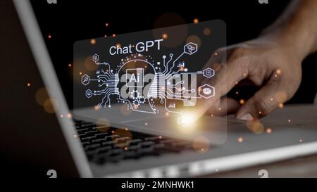 Businessman using chatbot in computer intelligence Ai. ChatGPT, using and chatting artificial intelligence. conversation assistant concept. Stock Photo