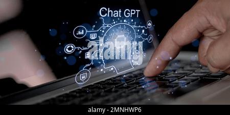 Businessman using chatbot in computer intelligence Ai. ChatGPT, using and chatting artificial intelligence. conversation assistant concept. Stock Photo
