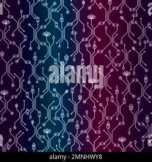 Seamless vector pattern, neon neon colored microchip with flowers, futuristic luminous background. Great for surfaces, textile, packaging, wrapping paper Stock Vector