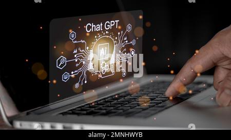 Businessman using chatbot in computer intelligence Ai. ChatGPT, using and chatting artificial intelligence. conversation assistant concept. Stock Photo