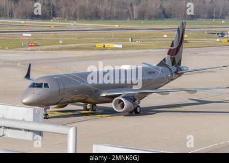 Zurich, Switzerland, January 19, 2023 Embraer 190 Lineage 1000 aircraft is taxiing to its position Stock Photo