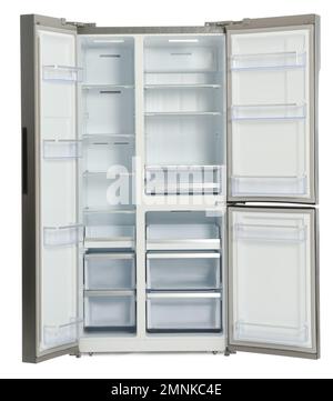 Empty stainless steel refrigerator isolated on white Stock Photo