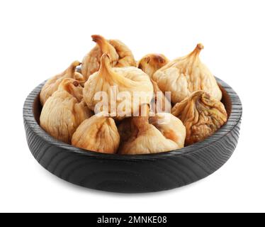 Tasty dried figs in plate isolated on white Stock Photo