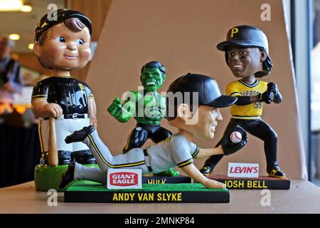 These are the Pittsburgh Pirates bobble head promotions for the upcoming  2016 baseball season on display at PNC Park in Pittsburgh Friday, April 1,  2016. From left they are: the Pirate Parrot