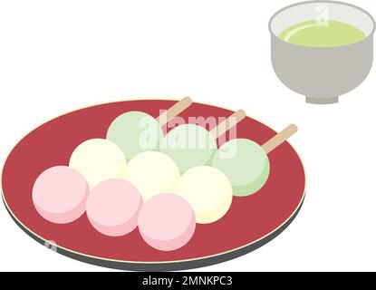 Three-color dumplings and Japanese tea. Cute and simple flat style illustrations. Stock Vector