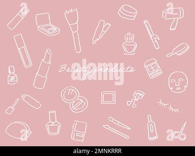 Line drawing set of beauty products. White and pink. A set of beauty products such as lipstick, manicure, hair dryer, etc. Stock Vector