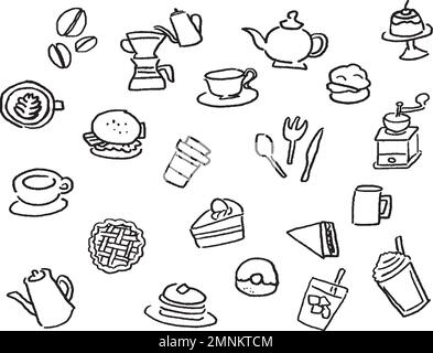 Cafe line drawing icon set. Black and white. Line drawings of various sweets and coffee. Stock Vector