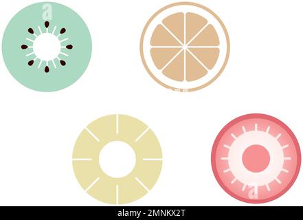 Fruit cross section. Strawberry, kiwi, orange, and pineapple. Image of fresh fruit and fruit juice. Stock Vector