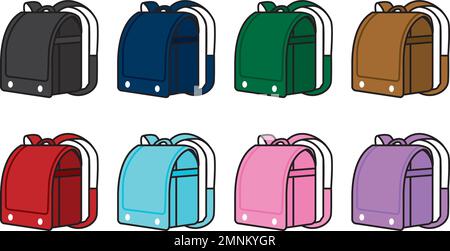 Illustration of 8 colorful school bags. It has an outline.   (Black, navy blue, green, brown, red, light blue, pink and purple.) A bag used by Japanes Stock Vector