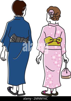 Vector illustraion of back view of men and women wearing yukata. A man and a woman are wearing traditional Japanese yukata and going to a festival. Stock Vector