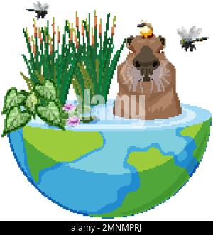 Capybara in nature pond on half earth illustration Stock Vector