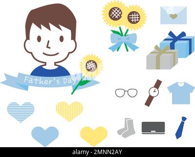 Various item sets for Father's Day. Sunflowers, hearts and gifts. Simple flat style illustrations. Stock Vector