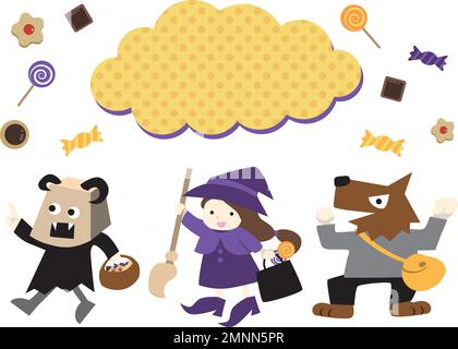 Children walking in Halloween costumes.   Children pretending to be werewolves, devils and witches. Stock Vector