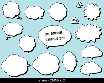 Cloud-shaped speech bubble set with 3D effect. White speech bubble with black shadow. Stock Vector