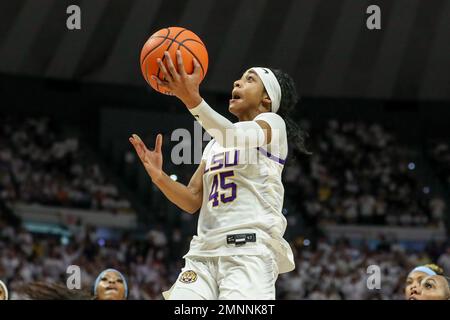 Baton Rouge, LA, USA. 30th Jan, 2023. LSU's Alexis Morris (45) drives to the basket during NCAA Women's Basketball action between the Tennessee Volunteers and the LSU Tigers at the Pete Maravich Assembly Center in Baton Rouge, LA. Jonathan Mailhes/CSM/Alamy Live News Stock Photo