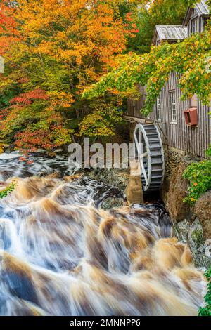 An old water mill on the Sable River with fall foliage color, Nova Scotia, Canada. Stock Photo