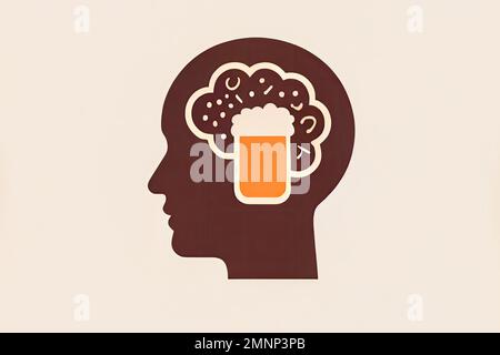 The flat icon depicts a human head with a beer mug in place of the brain, symbolizing an unwavering love and passion for beer, with a hint of Stock Photo