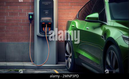 A modern electric car is charging at a sleek, high-tech charging station. The car's charging cable is connected to the station, The charging station Stock Photo