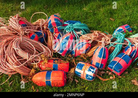 Fishing paraphernalia, buoys and lobster traps near Ingonish, Nova Scotia, Canada. Stock Photo